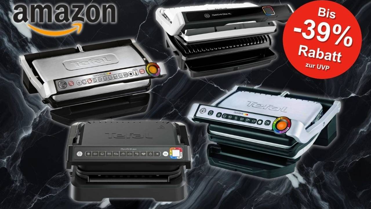 Vier verschiedene Modelle des Tefal OptiGrill, die prominent auf einem dunklen Marmorhintergrund platziert sind.
