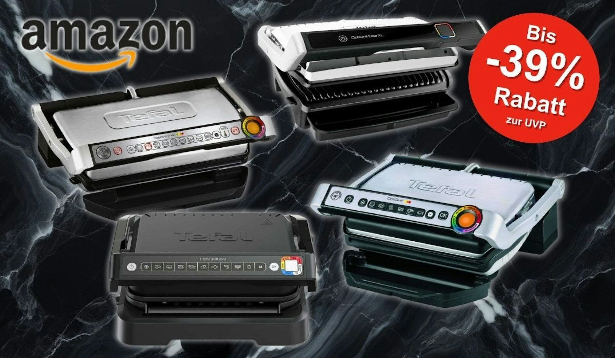 Vier verschiedene Modelle des Tefal OptiGrill, die prominent auf einem dunklen Marmorhintergrund platziert sind.