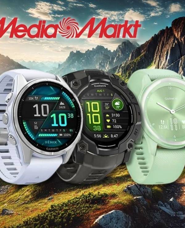Verschiedene Garmin-Smartwatches vor einer beeindruckenden Berglandschaft. Sechs verschiedene Uhrenmodelle sind prominent in der Mitte platziert