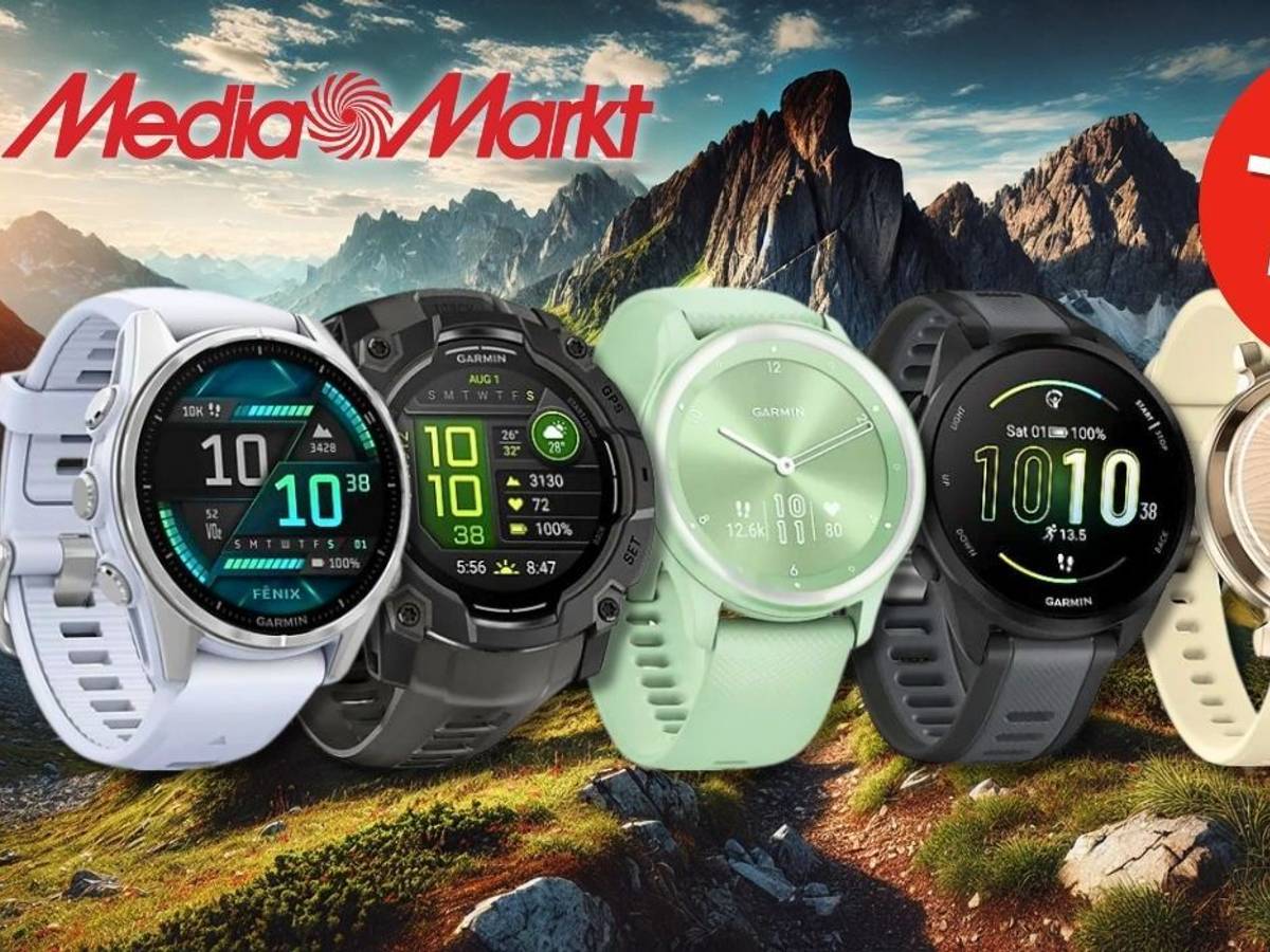 Verschiedene Garmin-Smartwatches vor einer beeindruckenden Berglandschaft. Sechs verschiedene Uhrenmodelle sind prominent in der Mitte platziert