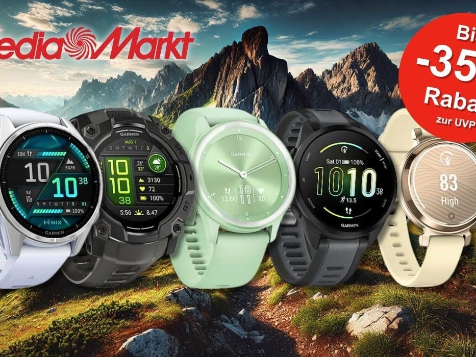 Verschiedene Garmin-Smartwatches vor einer beeindruckenden Berglandschaft. Sechs verschiedene Uhrenmodelle sind prominent in der Mitte platziert