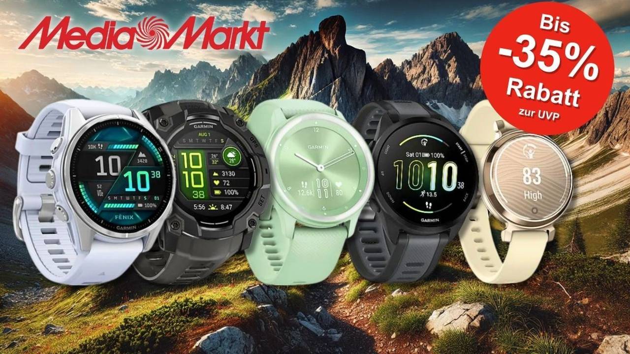 Verschiedene Garmin-Smartwatches vor einer beeindruckenden Berglandschaft. Sechs verschiedene Uhrenmodelle sind prominent in der Mitte platziert