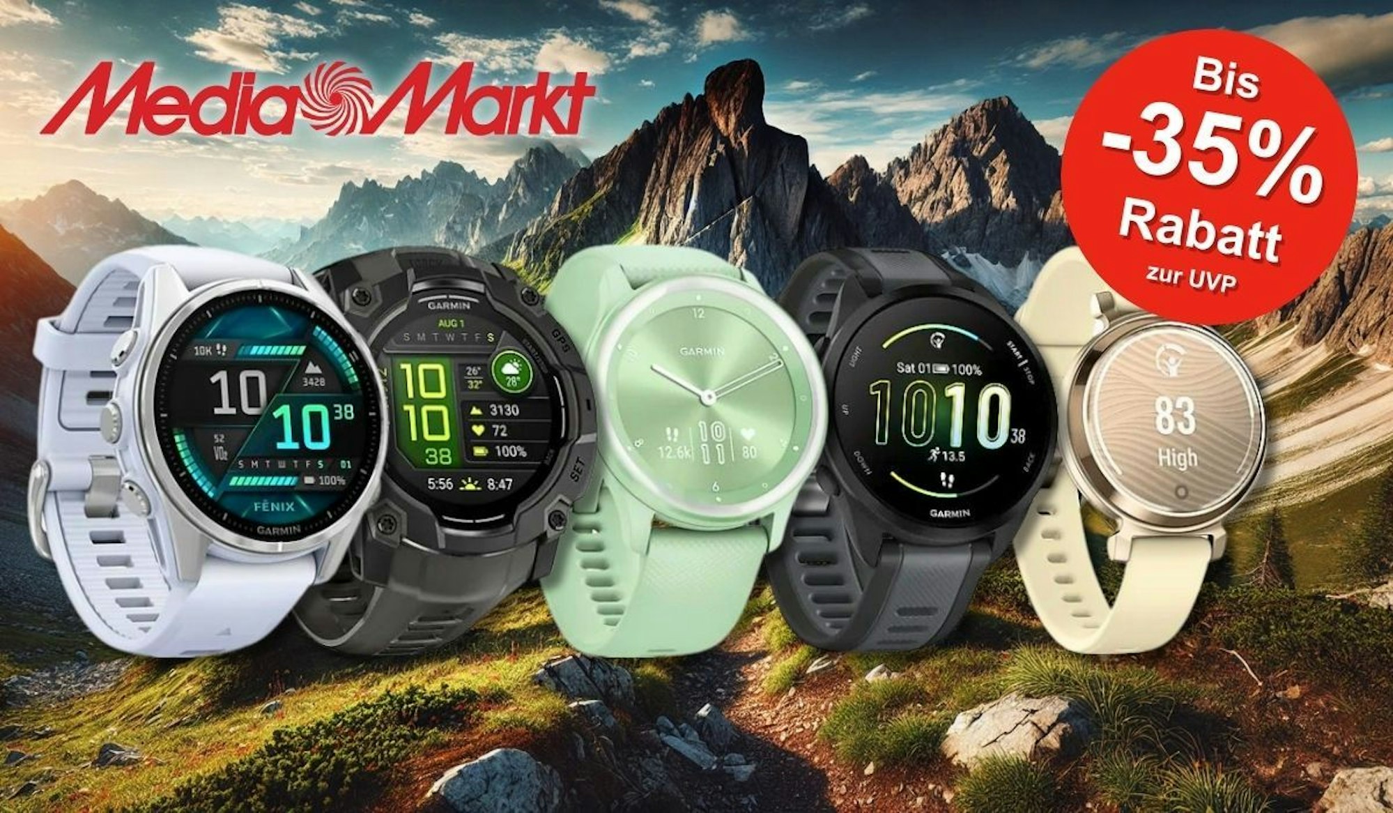 Verschiedene Garmin-Smartwatches vor einer beeindruckenden Berglandschaft. Sechs verschiedene Uhrenmodelle sind prominent in der Mitte platziert