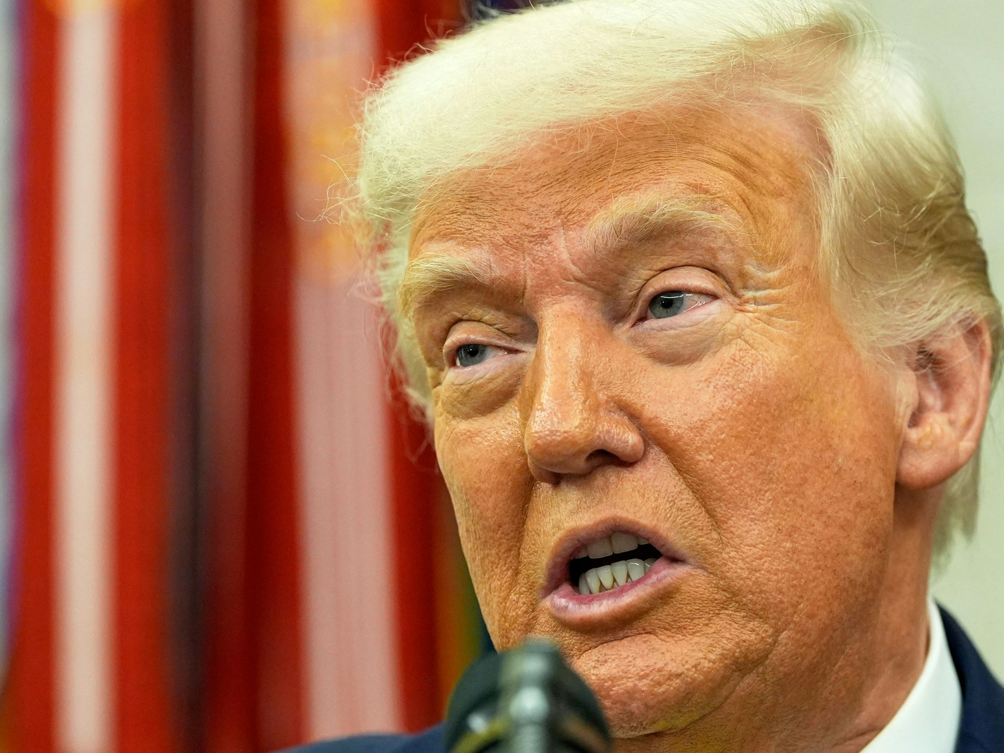 Präsident Donald Trump spricht in ein Mikrofon.