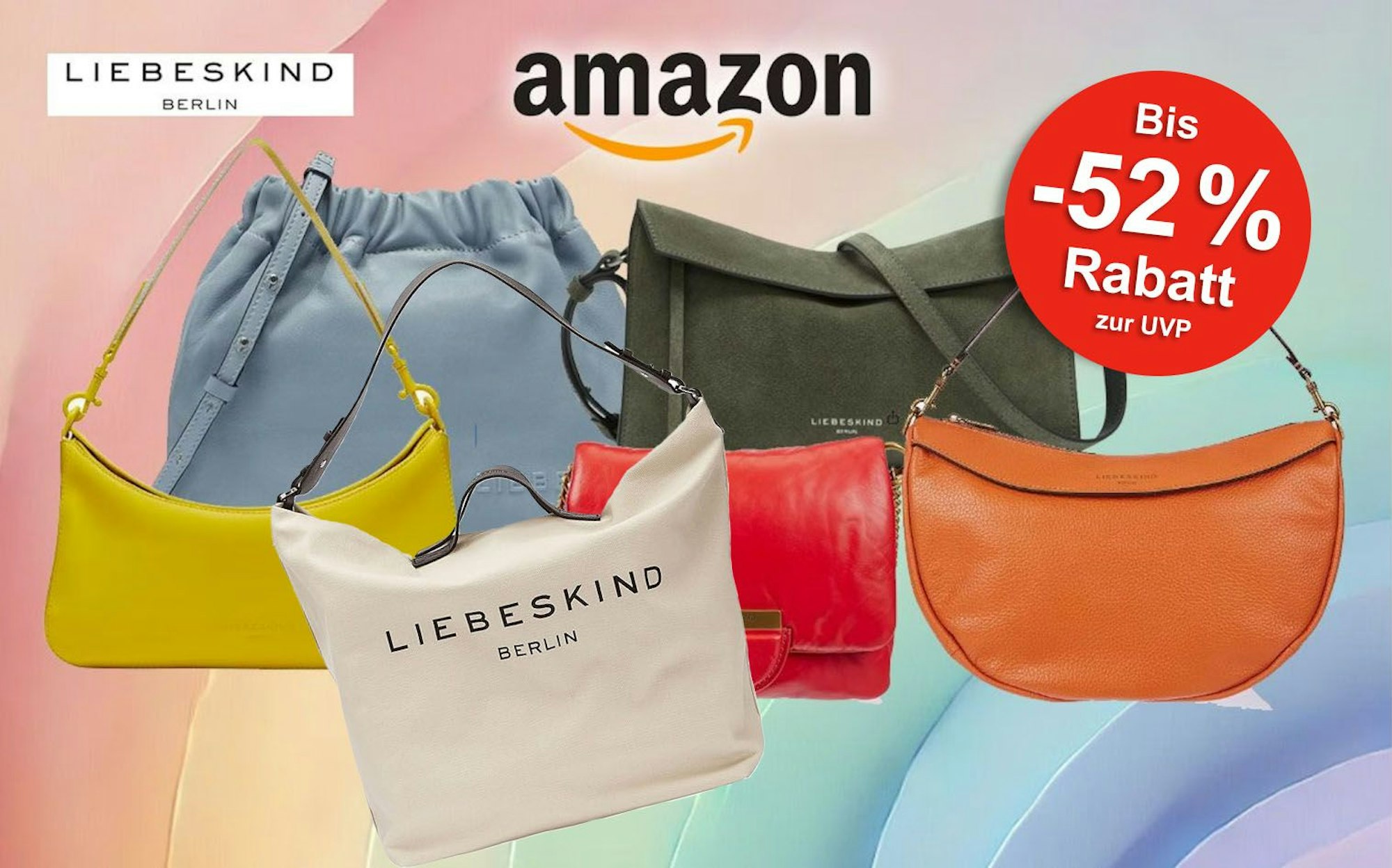 Liebeskind Berlin Handtaschen Angebote vor einem farbenfrohen Hintergrund.