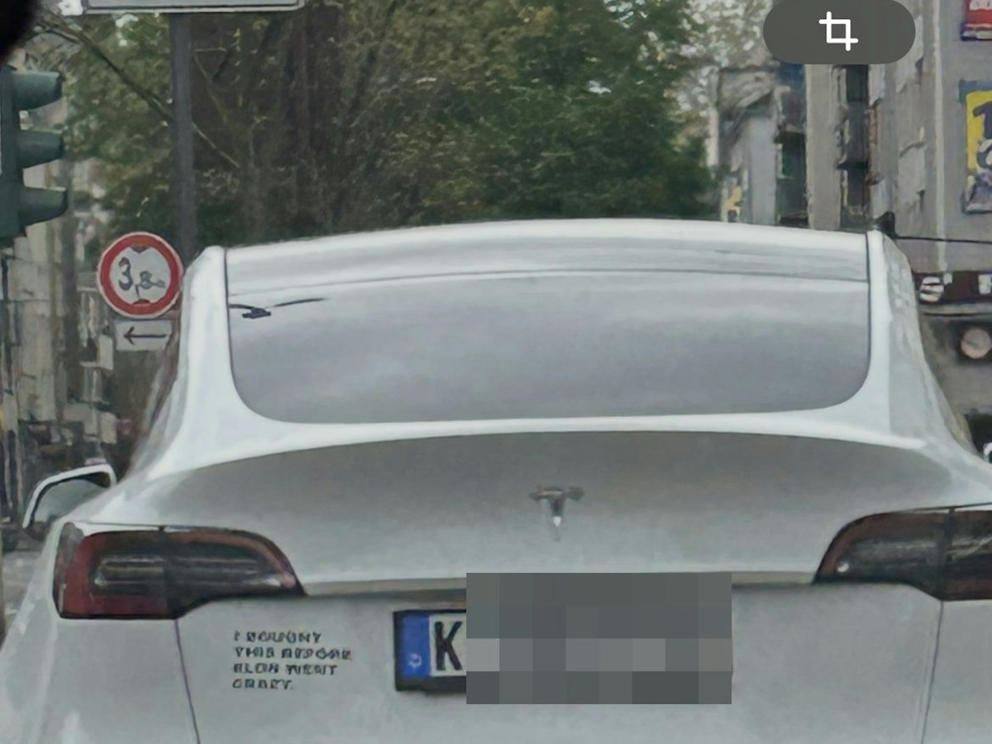 Ein Anti-Musk-Aufkleber auf einem Tesla in Köln.