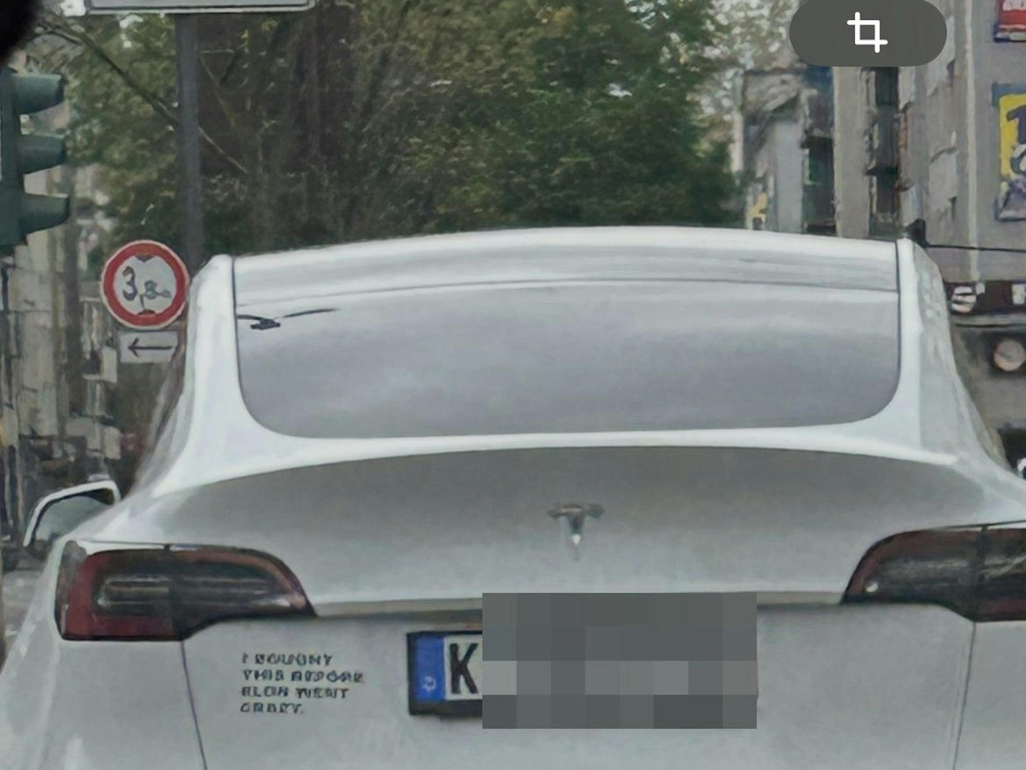 Ein Anti-Musk-Aufkleber auf einem Tesla in Köln.