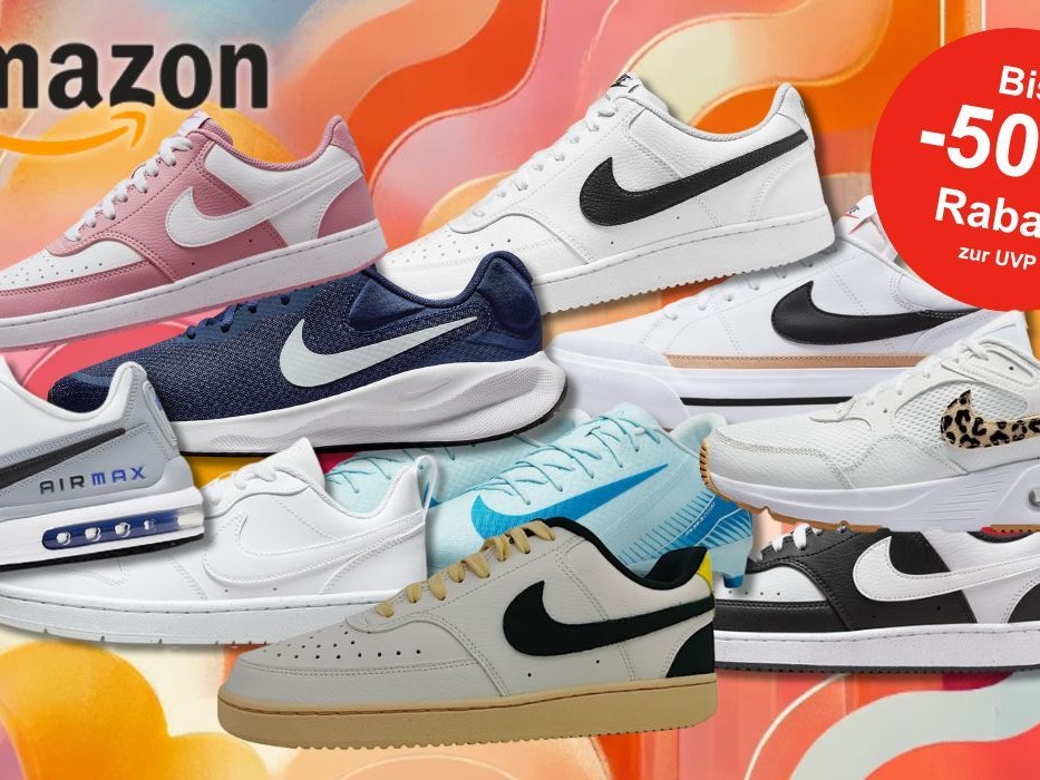 Auf dem Bild sind unterschiedliche Sneaker Modelle und Ausführungen der Marke Nike vor einem farbenfrohen Hintergrund zu sehen.