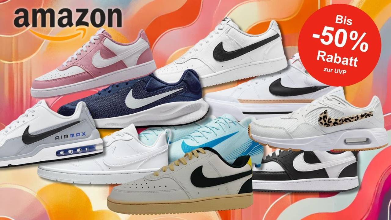 Auf dem Bild sind unterschiedliche Sneaker Modelle und Ausführungen der Marke Nike vor einem farbenfrohen Hintergrund zu sehen.