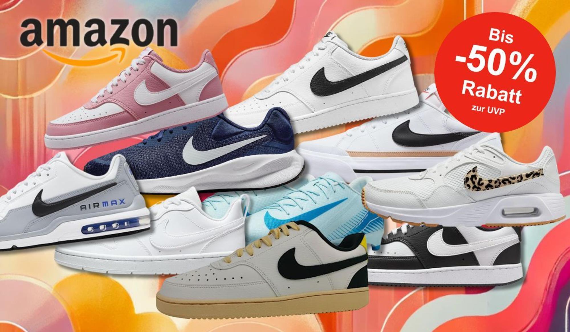 Auf dem Bild sind unterschiedliche Sneaker Modelle und Ausführungen der Marke Nike vor einem farbenfrohen Hintergrund zu sehen.