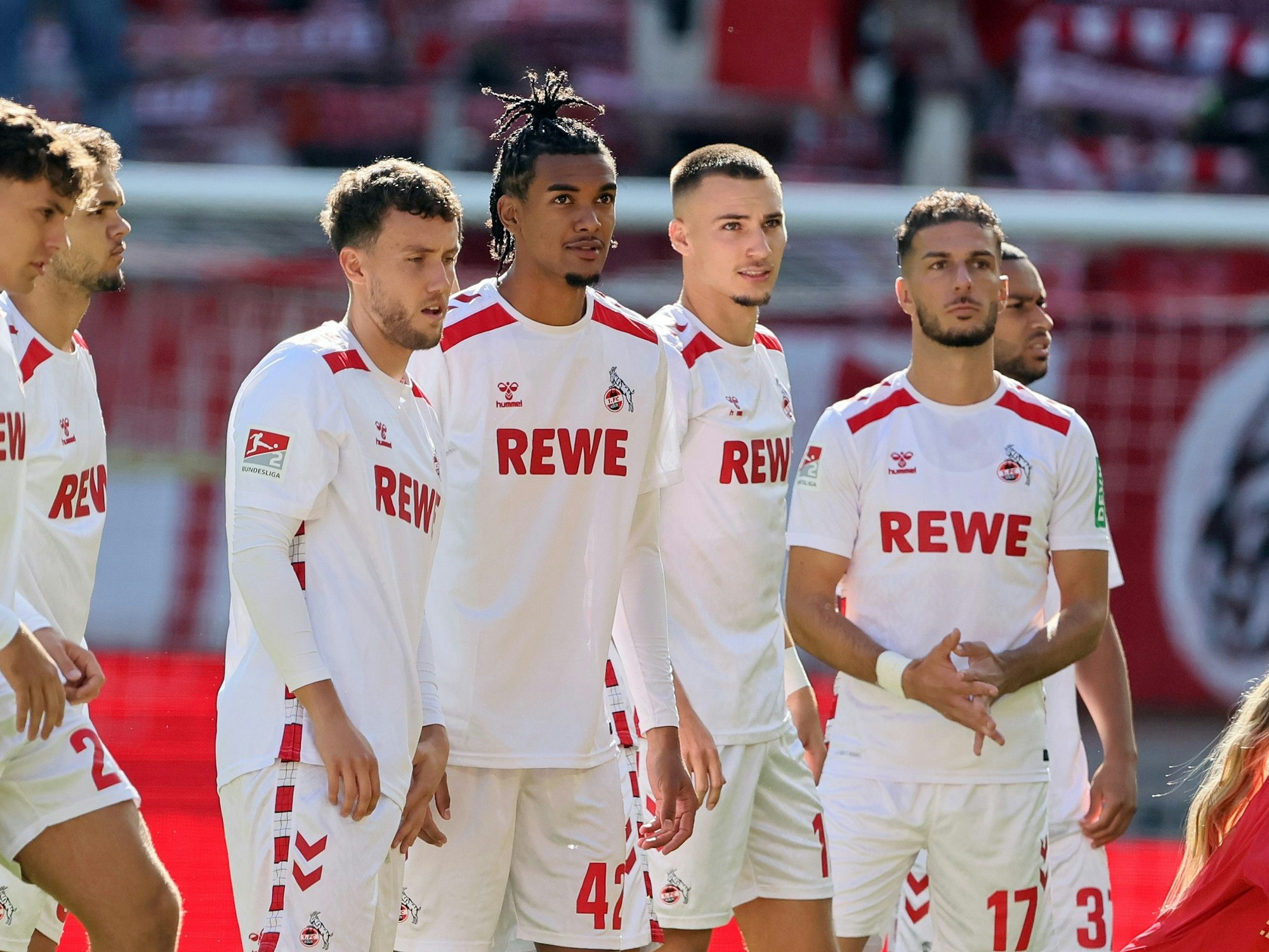 1. FC Köln vs. SSV Ulm, 8. Spieltag, 05.10.2024, 13.00 Uhr, Mitte von links: Luca Waldschmidt, Damion Downs, Tim Lemperle, Leart Pacarada (1. FC Köln), Bild: Herbert Bucco