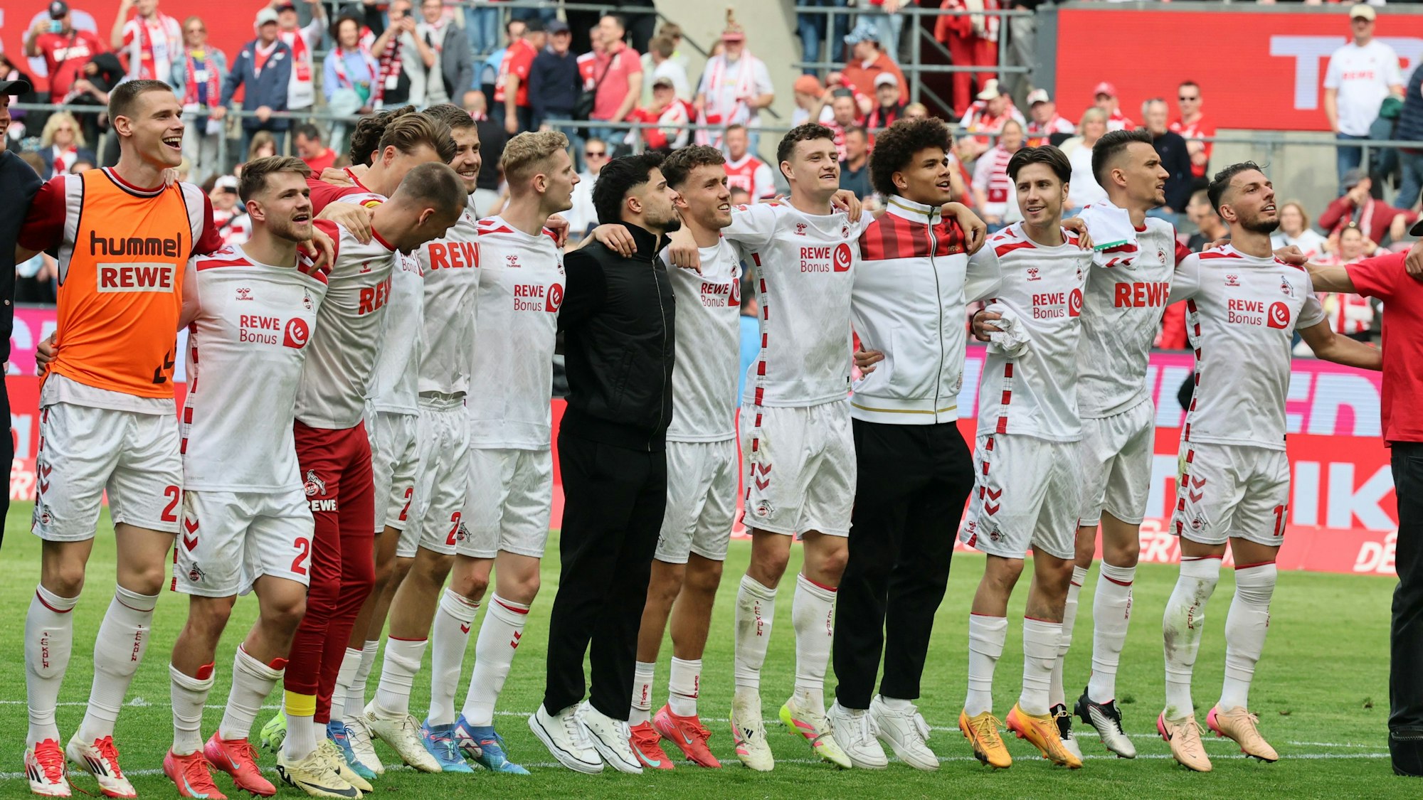 Die Köln-Spieler stehen Arm in Arm vor der Südtribüne und hüpfen.