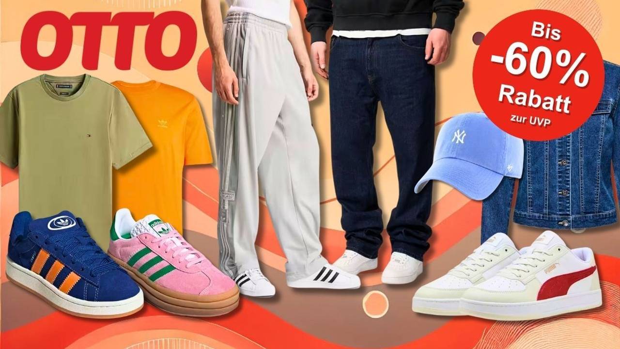 Eine farbenfrohe Collage mit stylischen Kleidungsstücken und Sneakern aus dem aktuellen OTTO Mode Sale, darunter Marken wie adidas, Puma, Tommy Hilfiger und New Era.