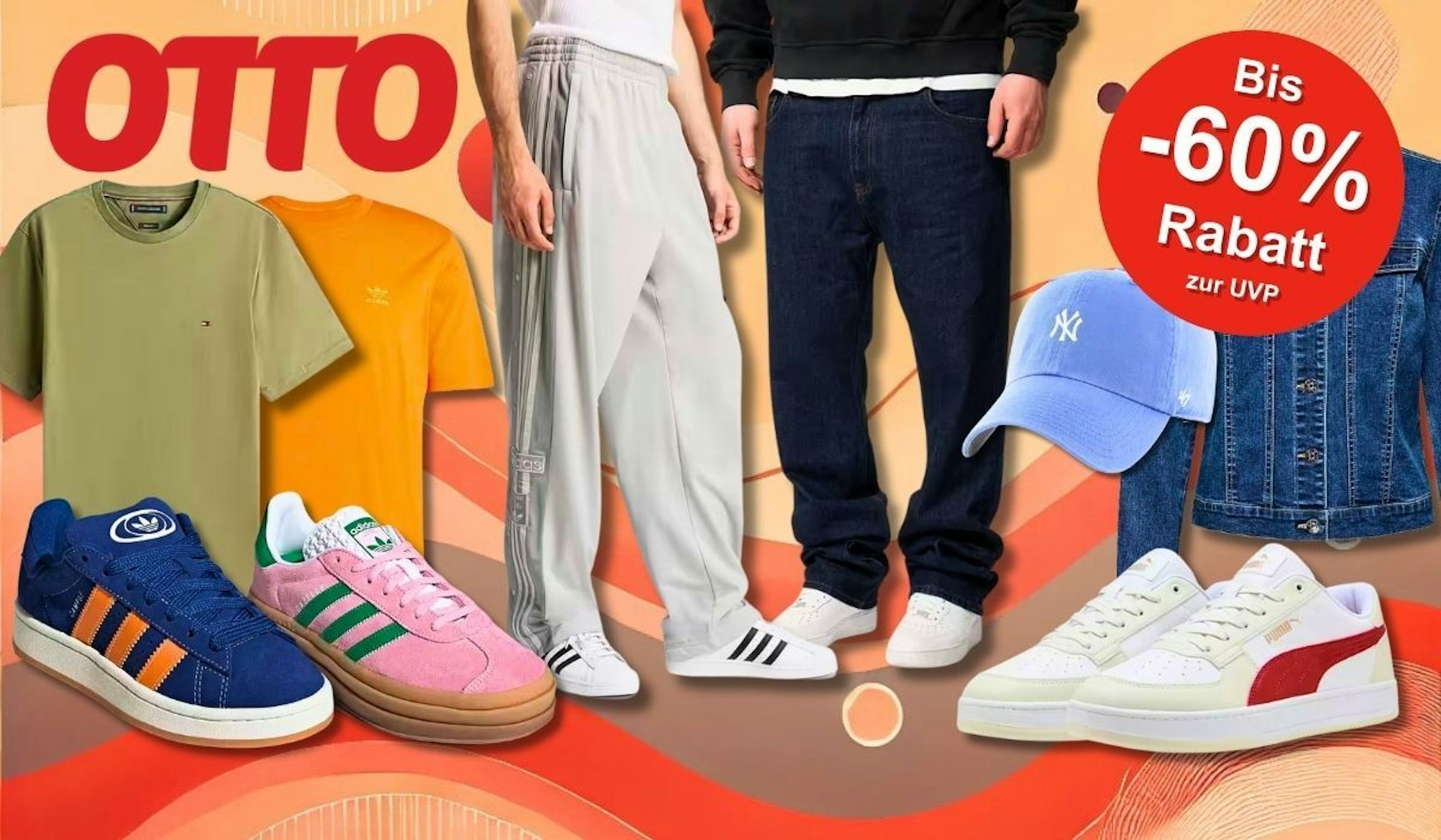 Eine farbenfrohe Collage mit stylischen Kleidungsstücken und Sneakern aus dem aktuellen OTTO Mode Sale, darunter Marken wie adidas, Puma, Tommy Hilfiger und New Era.