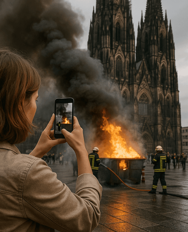 Auf unserem von der Künstlichen Intelligenz erstellten Bild fotografiert eine Frau einen Brand vor dem Kölner Dom.