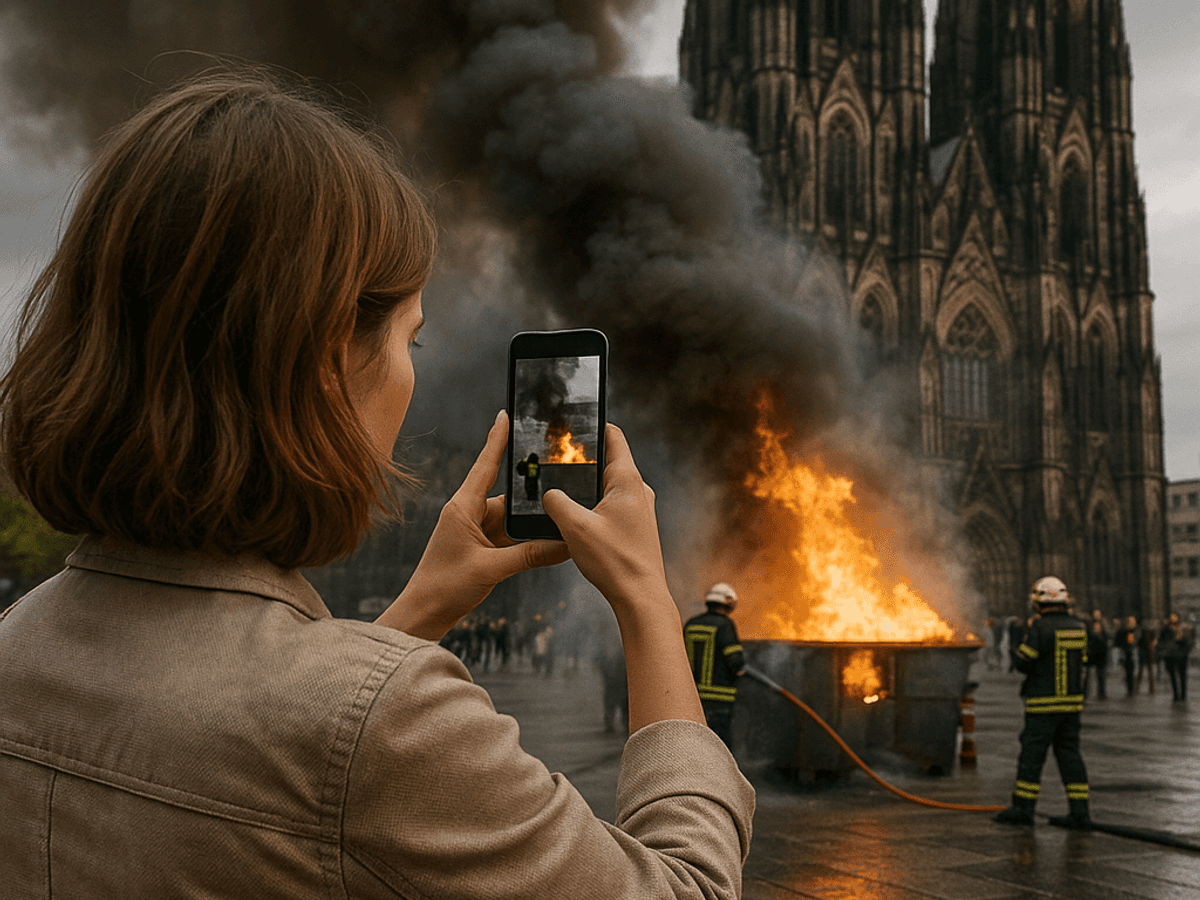 Auf unserem von der Künstlichen Intelligenz erstellten Bild fotografiert eine Frau einen Brand vor dem Kölner Dom.