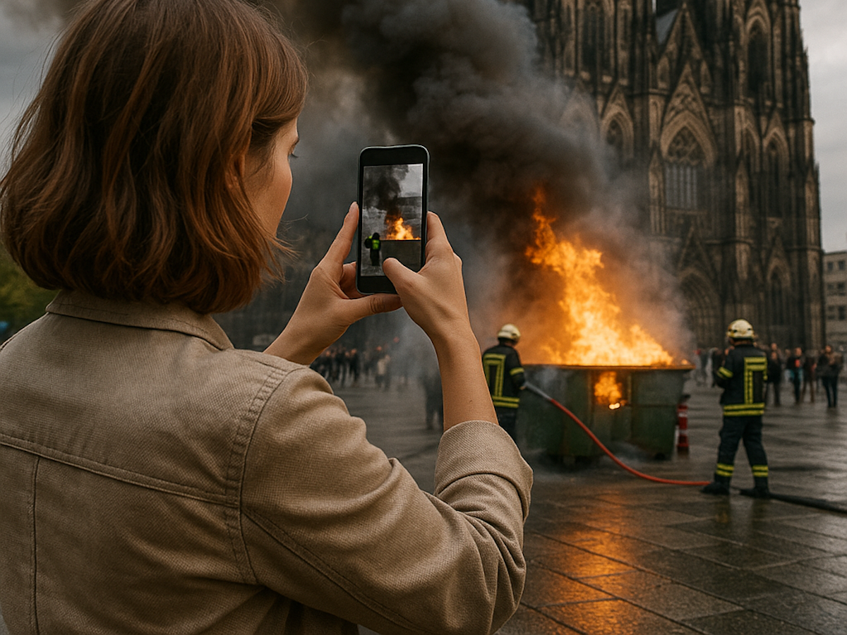 Auf unserem von der Künstlichen Intelligenz erstellten Bild fotografiert eine Frau einen Brand vor dem Kölner Dom.