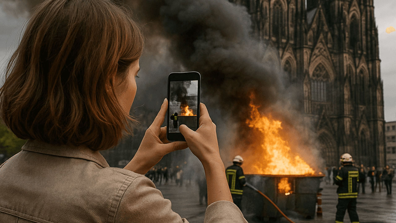 Auf unserem von der Künstlichen Intelligenz erstellten Bild fotografiert eine Frau einen Brand vor dem Kölner Dom.