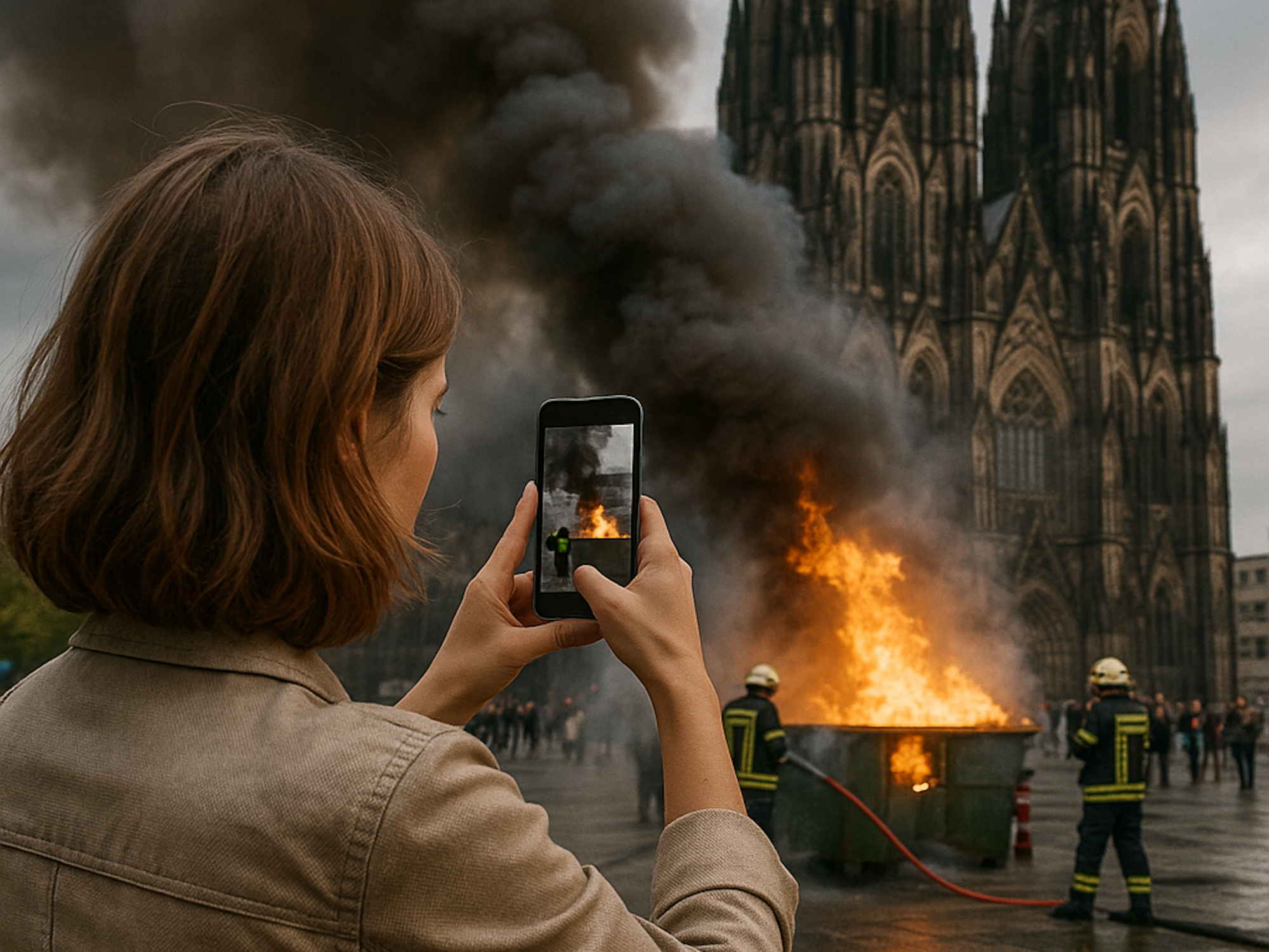 Auf unserem von der Künstlichen Intelligenz erstellten Bild fotografiert eine Frau einen Brand vor dem Kölner Dom.