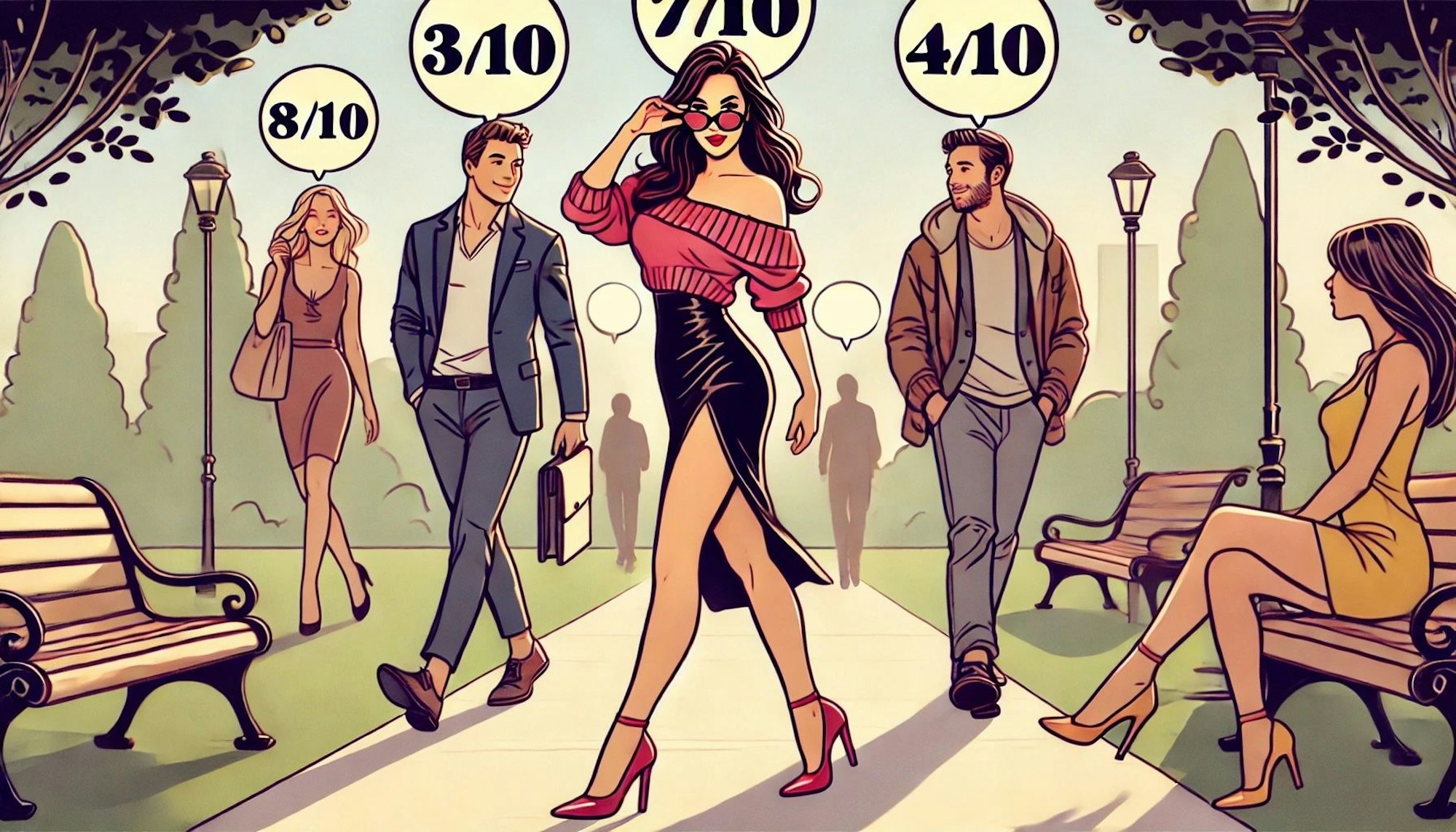 Attraktive Frau geht durch einen Park und wird von Männern angeschaut. Bild im Comic-Stil.