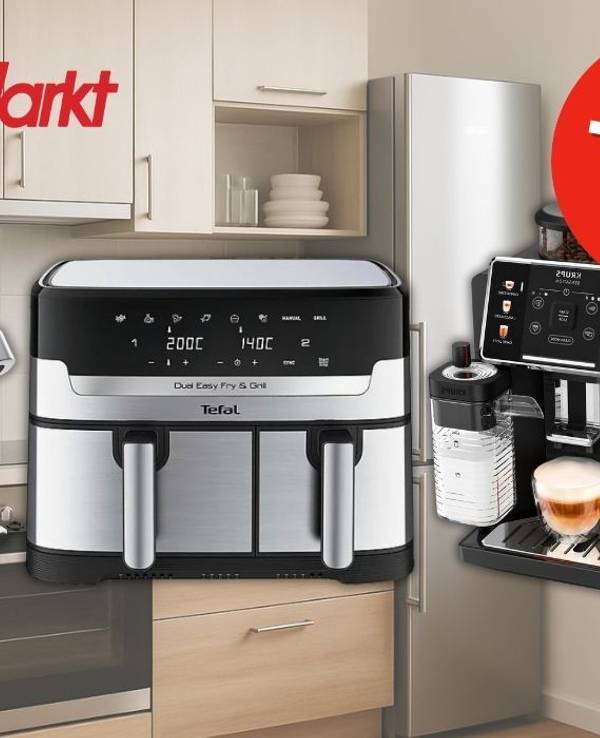 Ein Kontaktgrill von Tefal, eine Heißluftfritteuse von Tefal und ein Kaffeevollautomat von Krups vor einem Küchen-Hintergund.