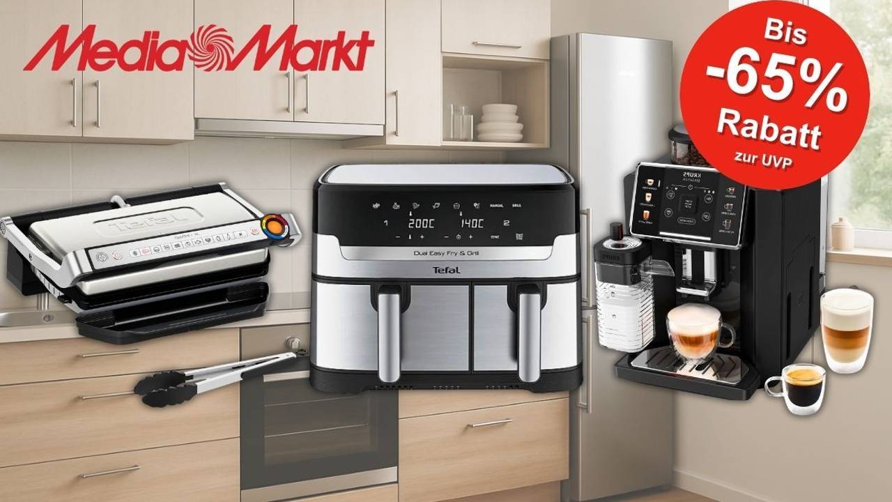 Ein Kontaktgrill von Tefal, eine Heißluftfritteuse von Tefal und ein Kaffeevollautomat von Krups vor einem Küchen-Hintergund.