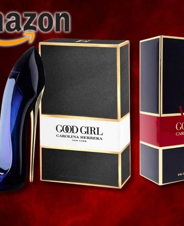 Zwei edle Parfums von Carolina Herrera – Good Girl im ikonischen dunkelblauen Stiletto-Flakon und Very Good Girl in leuchtendem Rot – jeweils mit ihrer passenden Verpackung vor einem schwarz-roten verauchten Hintergrund.