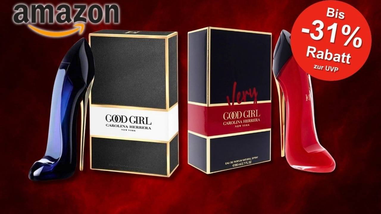 Zwei edle Parfums von Carolina Herrera – Good Girl im ikonischen dunkelblauen Stiletto-Flakon und Very Good Girl in leuchtendem Rot – jeweils mit ihrer passenden Verpackung vor einem schwarz-roten verauchten Hintergrund.
