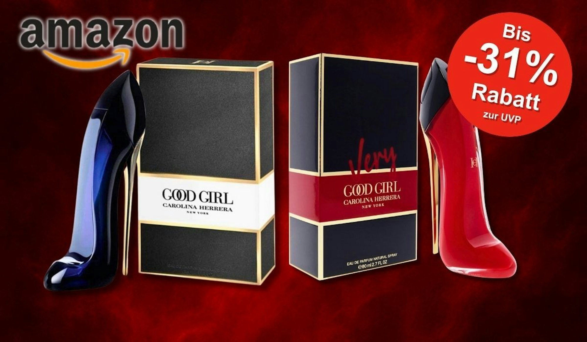 Zwei edle Parfums von Carolina Herrera – Good Girl im ikonischen dunkelblauen Stiletto-Flakon und Very Good Girl in leuchtendem Rot – jeweils mit ihrer passenden Verpackung vor einem schwarz-roten verauchten Hintergrund.