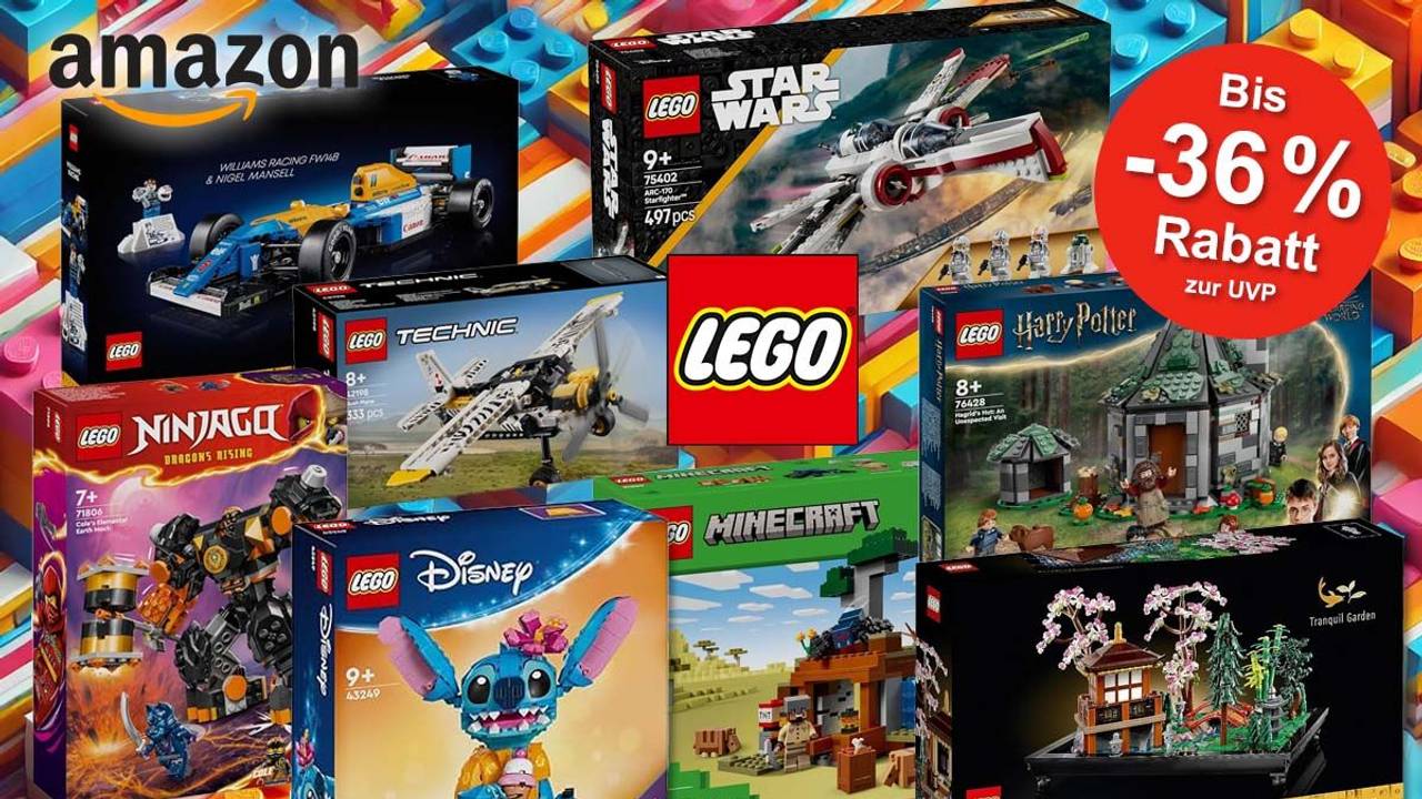 Lego Modelle vor einem Hintergrund aus bunten Legosteinen. Sets von Lego Disney Stitch, Ninjago, Star Wars, Harry Potter Hagrids Hütte, Technik Propellerflugzeug, Minecraft.