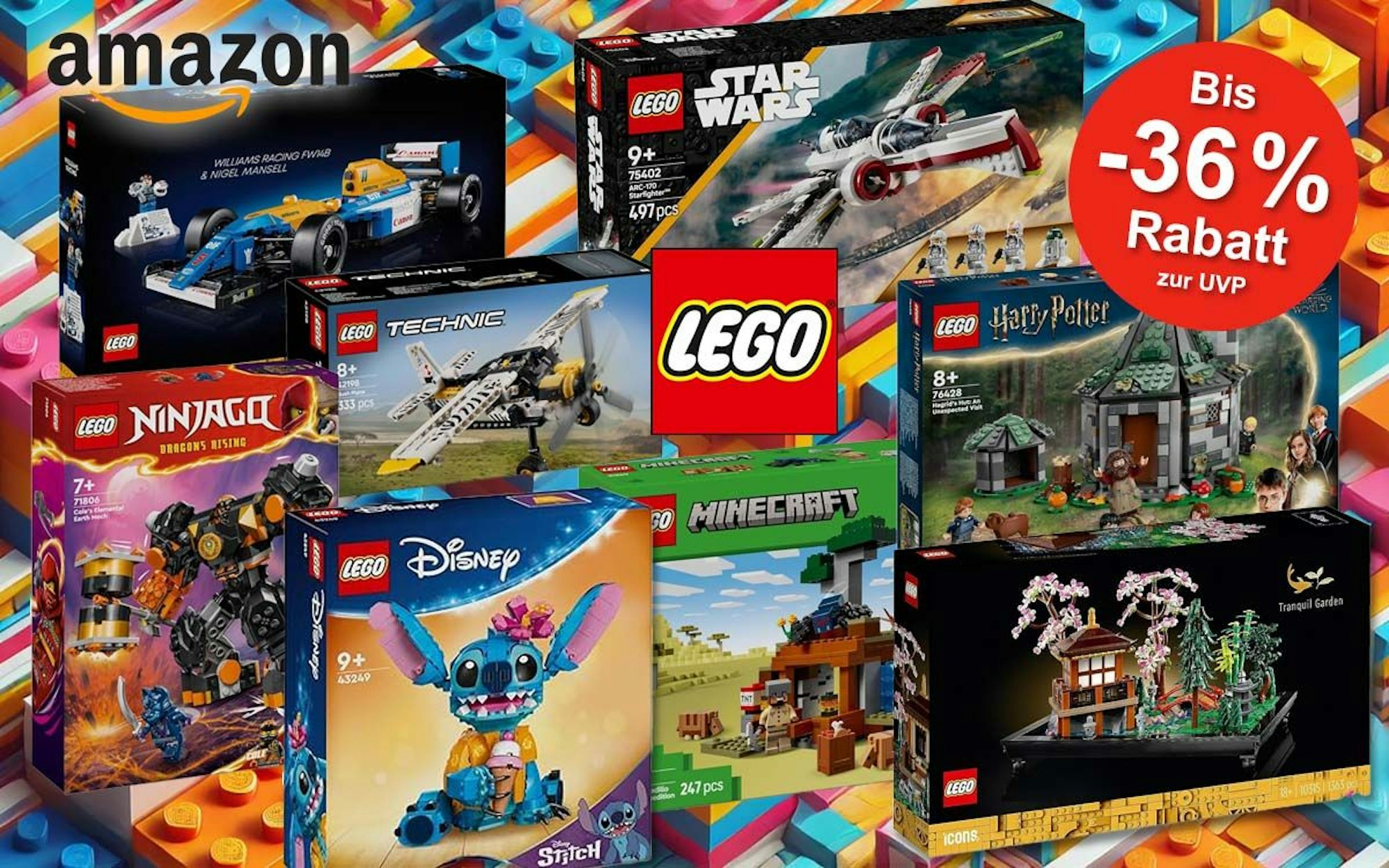 Lego Modelle vor einem Hintergrund aus bunten Legosteinen. Sets von Lego Disney Stitch, Ninjago, Star Wars, Harry Potter Hagrids Hütte, Technik Propellerflugzeug, Minecraft.