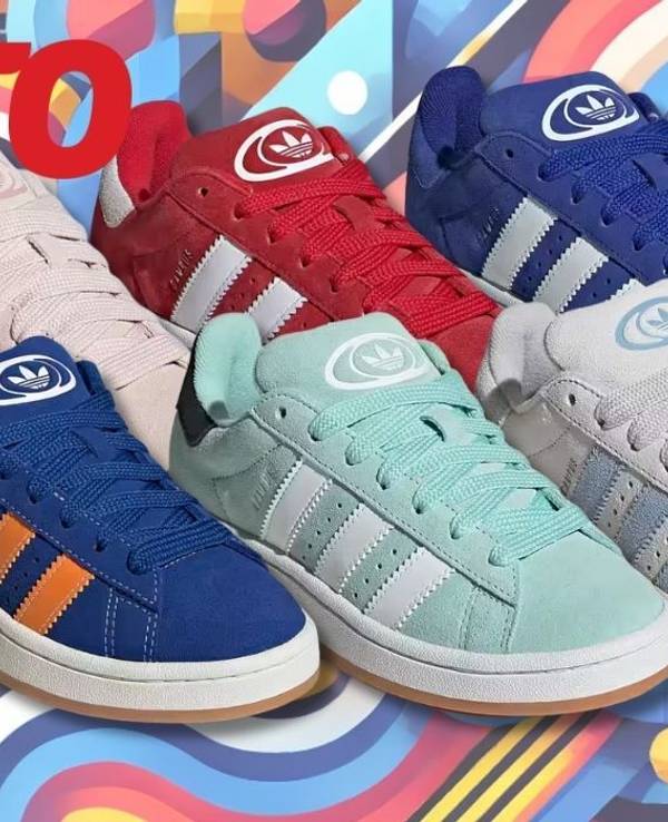 Anordnung verschiedener adidas Campus Sneaker Modelle in verschiedenen Colorways vor einem bunten Hintergrund