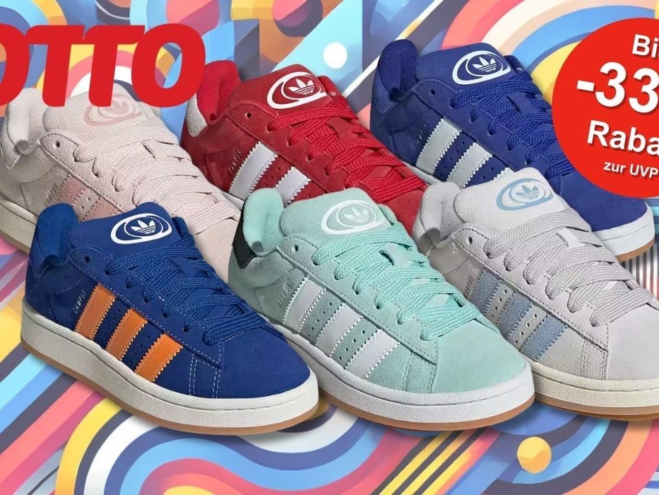 Anordnung verschiedener adidas Campus Sneaker Modelle in verschiedenen Colorways vor einem bunten Hintergrund