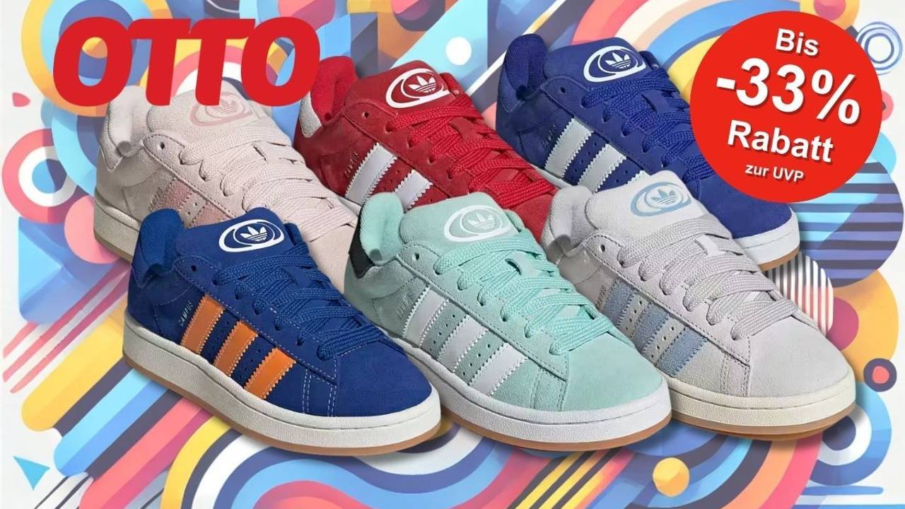Anordnung verschiedener adidas Campus Sneaker Modelle in verschiedenen Colorways vor einem bunten Hintergrund