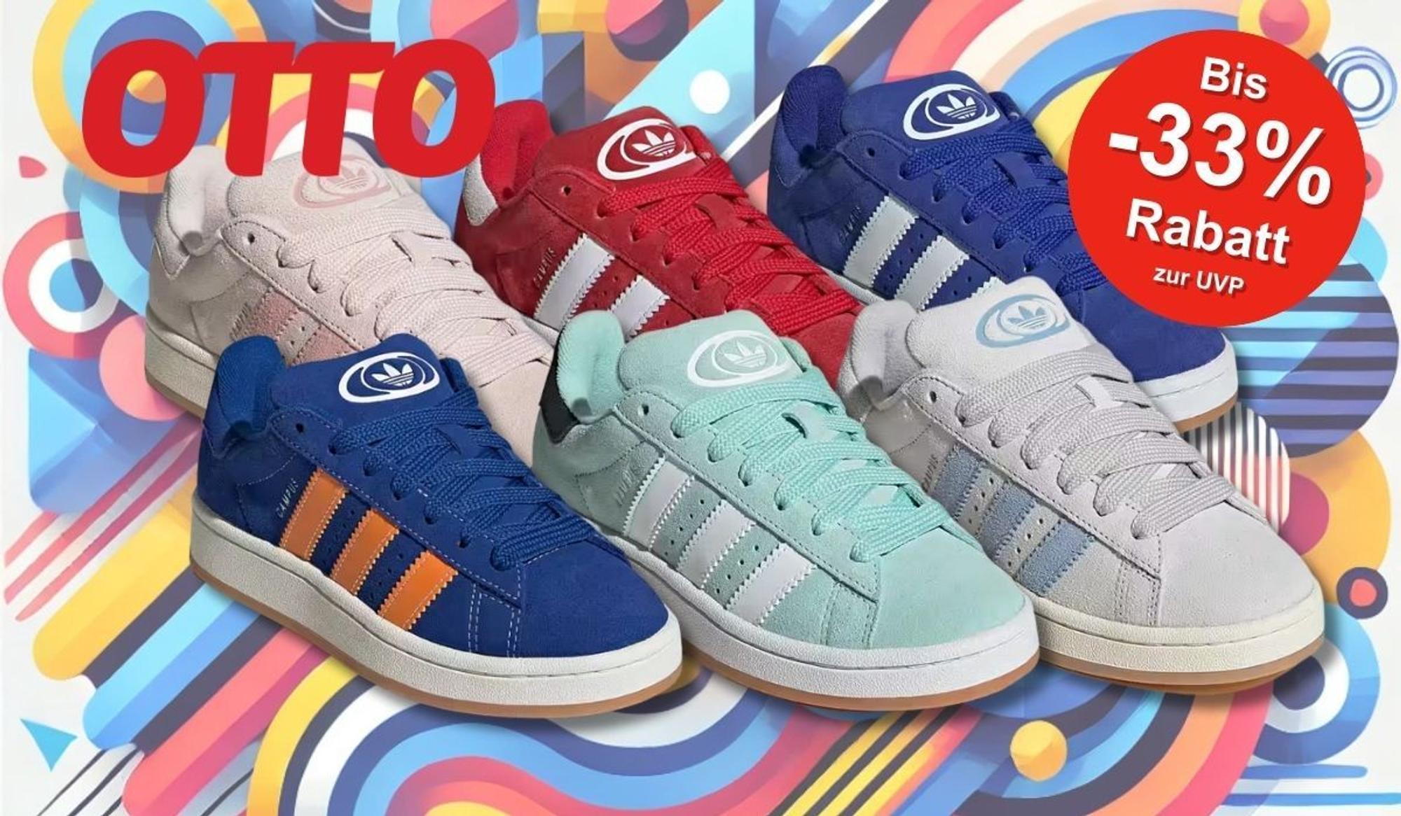 Anordnung verschiedener adidas Campus Sneaker Modelle in verschiedenen Colorways vor einem bunten Hintergrund