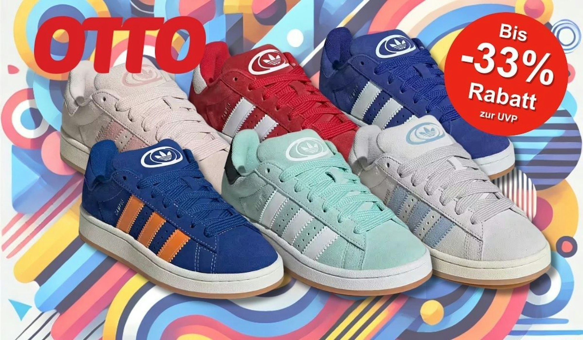 Anordnung verschiedener adidas Campus Sneaker Modelle in verschiedenen Colorways vor einem bunten Hintergrund