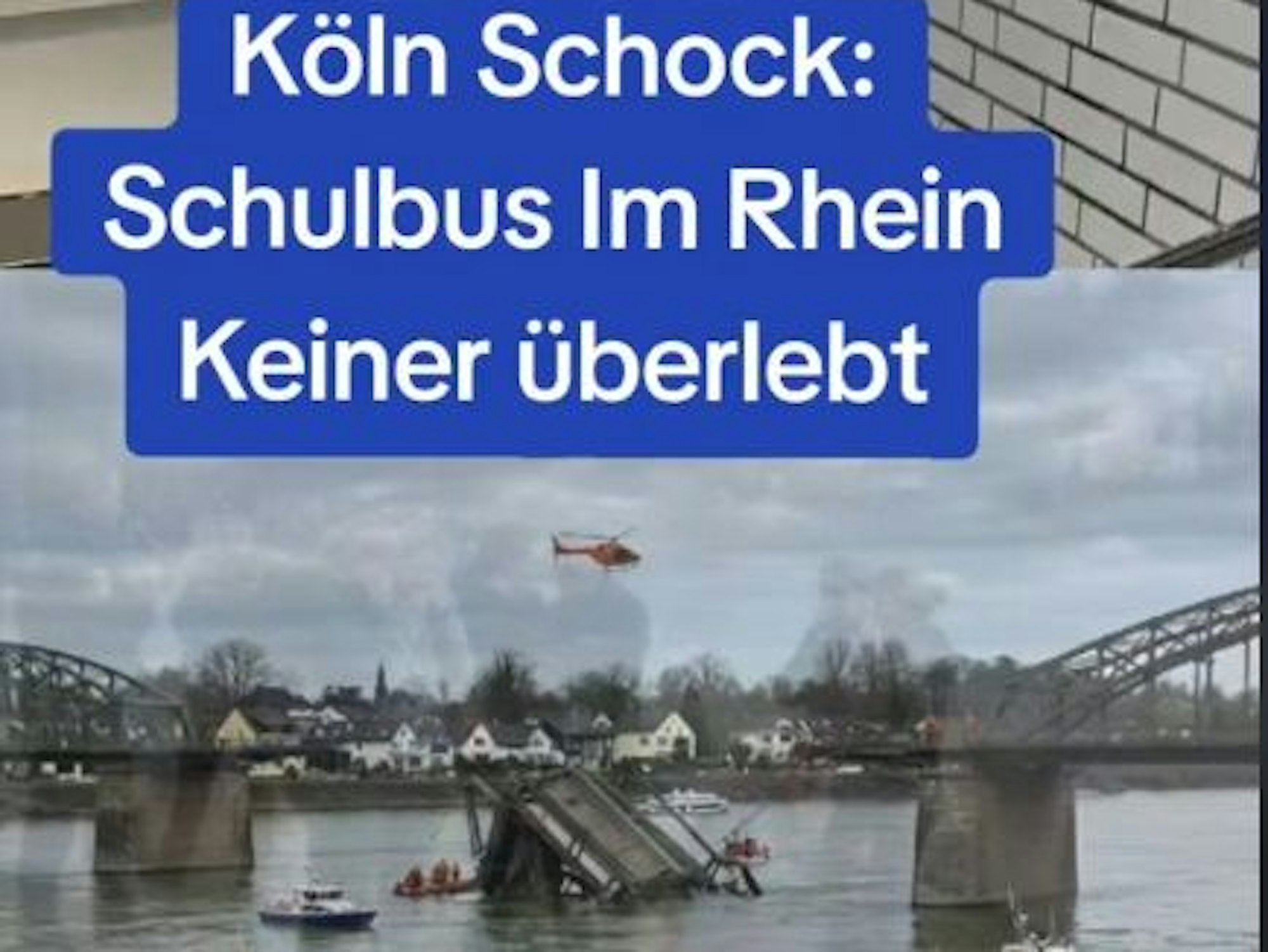 Ein Teil einer Brücke ist in einen Fluss gefallen, darüber kreist ein Hubschrauber.