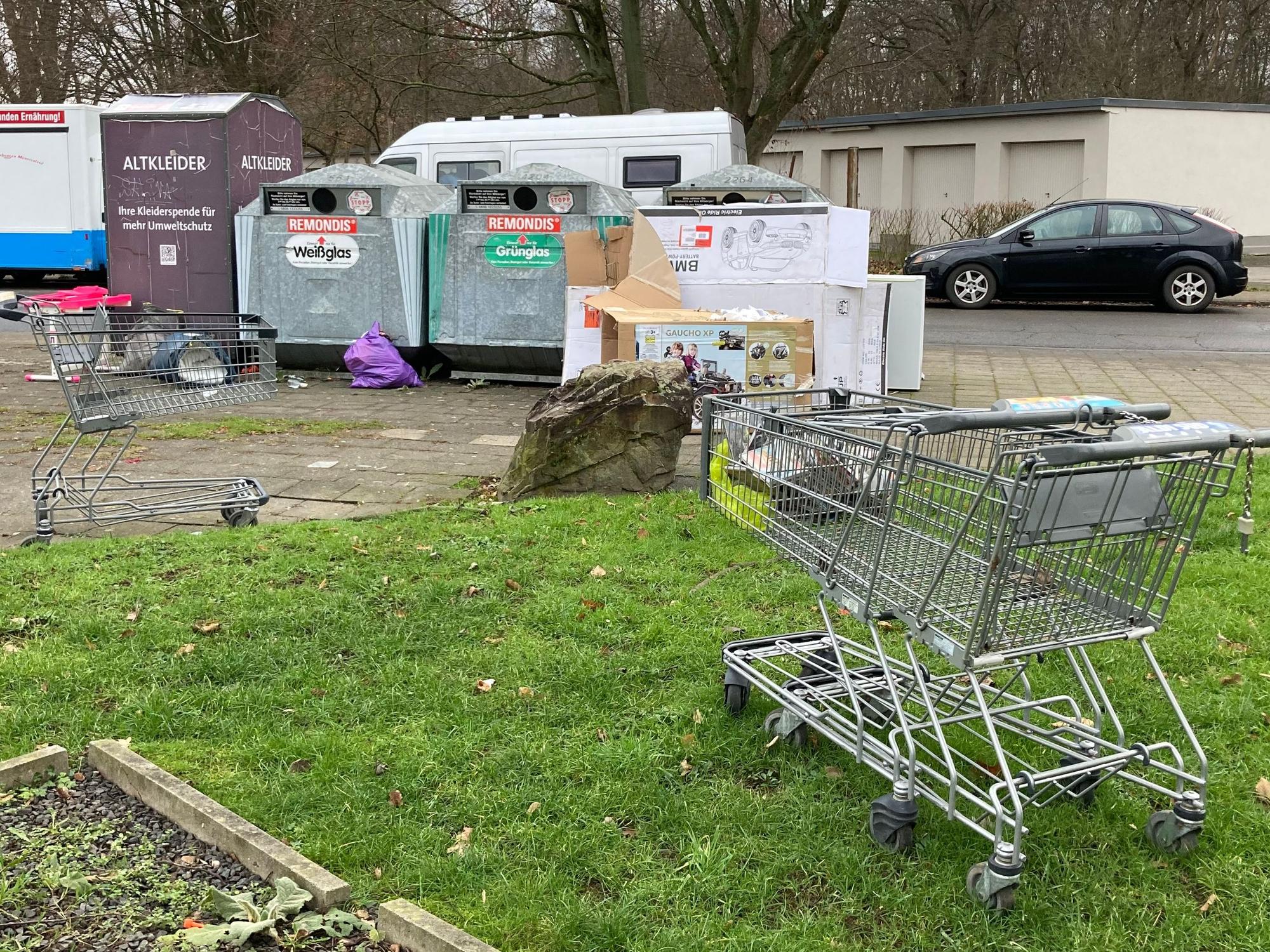 Vor Containern liegt Müll, davor stehen drei achtlos abgestellte Einkaufswagen.