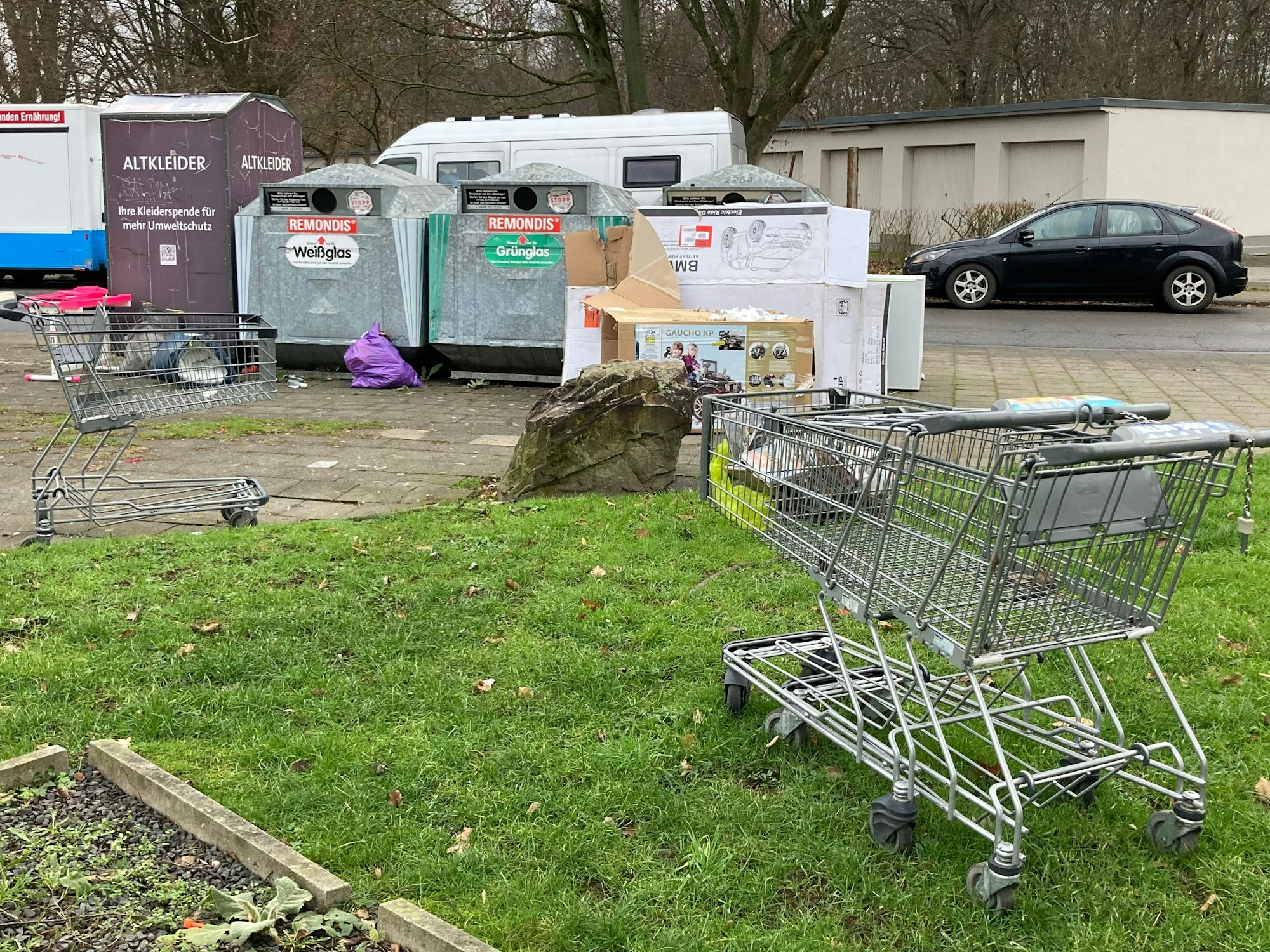 Vor Containern liegt Müll, davor stehen drei achtlos abgestellte Einkaufswagen.