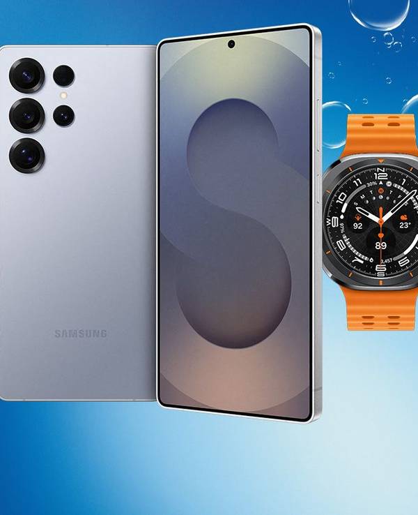 Samsung Galaxy S25 Ultra mit Galaxy Watch Ultra vor einem blauen Hintergrund mit Luftblasen.