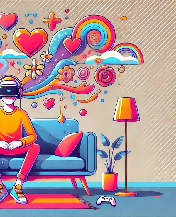 Junger Mann sitzt auf der Couch mit VR Brille. Bild im Comic Stil.