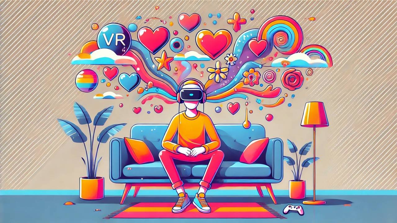 Junger Mann sitzt auf der Couch mit VR Brille. Bild im Comic Stil.