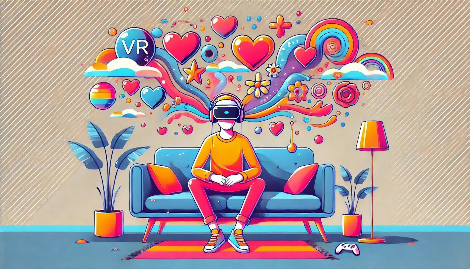 Junger Mann sitzt auf der Couch mit VR Brille. Bild im Comic Stil.