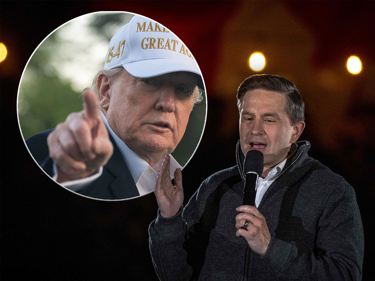 Der konservative kanadische Kandidat Pierre Poilievre (r.) fordert US-Präsident Donald Trump auf, sich aus der kanadischen Parlamentswahl herauszuhalten.