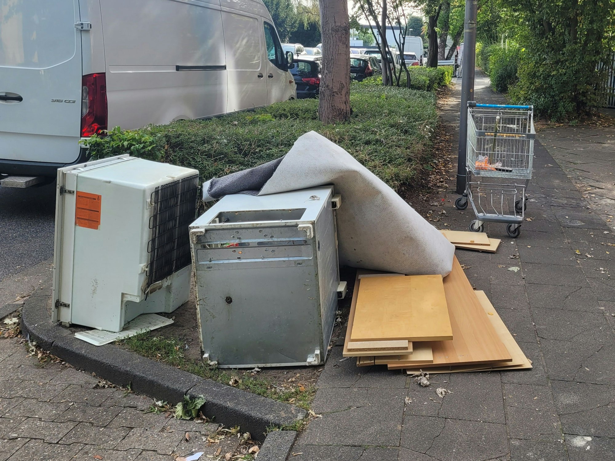 Am Gehweg wurden zwei Elektrogeräte, Teile eines Schranks sowie ein Teppich entsorgt.