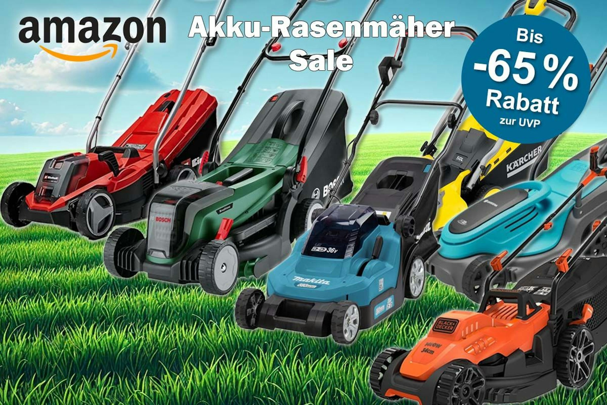 Akku-Rasenmäher von Bosch, Makita, Kärcher, Einhell, Black+Decker, Gardena auf grüner Wiese.