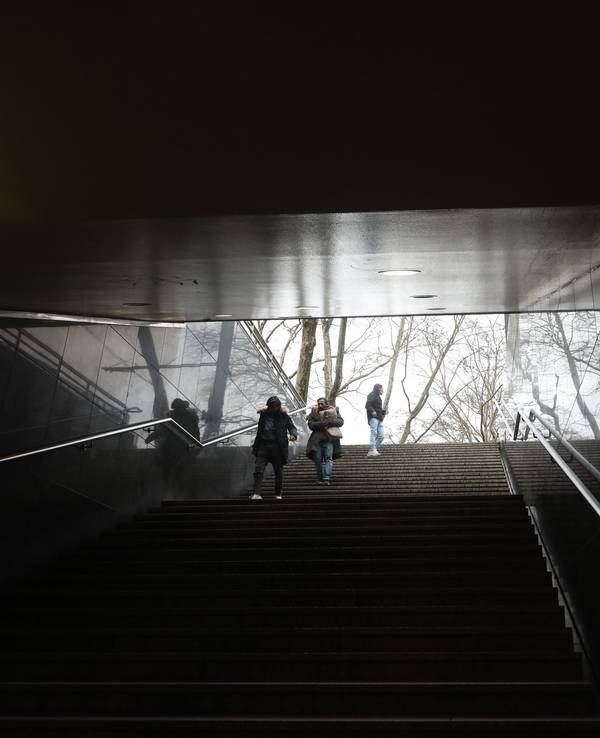 Eine Treppe führt aus dem Dunkel nach draußen.