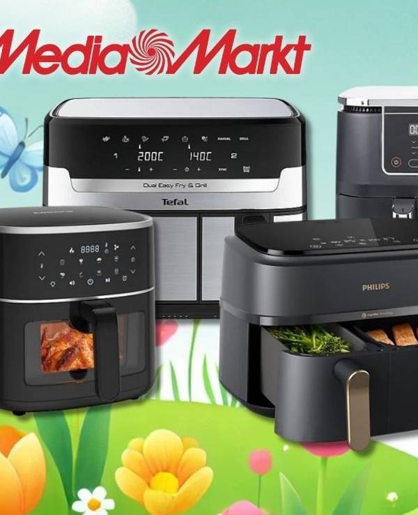 Airfryer Modelle von Marken wie Ninja, Tefal, Cosori, WMF und Philips vor einem Hintergrund mit einer grünen Wiese, Blumen und bunten Ostereiern.