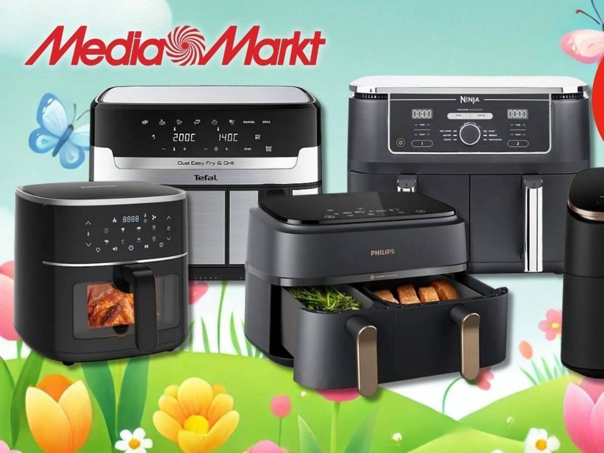 Airfryer Modelle von Marken wie Ninja, Tefal, Cosori, WMF und Philips vor einem Hintergrund mit einer grünen Wiese, Blumen und bunten Ostereiern.