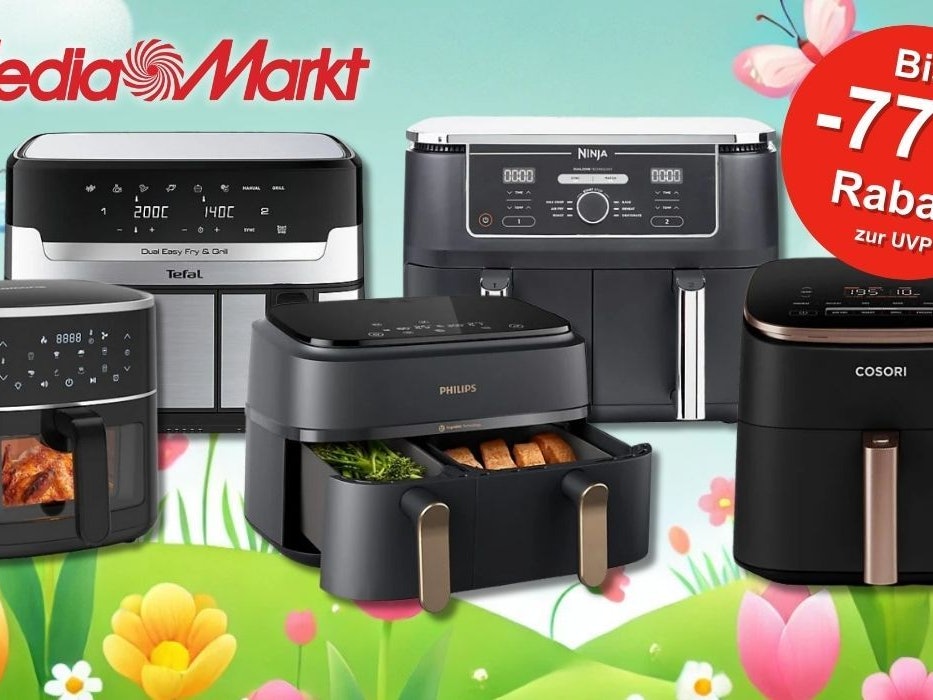 Airfryer Modelle von Marken wie Ninja, Tefal, Cosori, WMF und Philips vor einem Hintergrund mit einer grünen Wiese, Blumen und bunten Ostereiern.